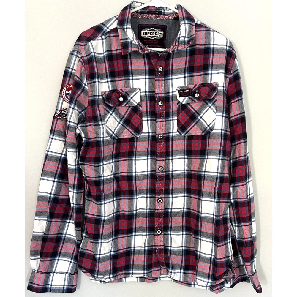Superdry Shirt Mens Medium Red Blue‎ White Plaid Flannel Long Sleeve Patches
